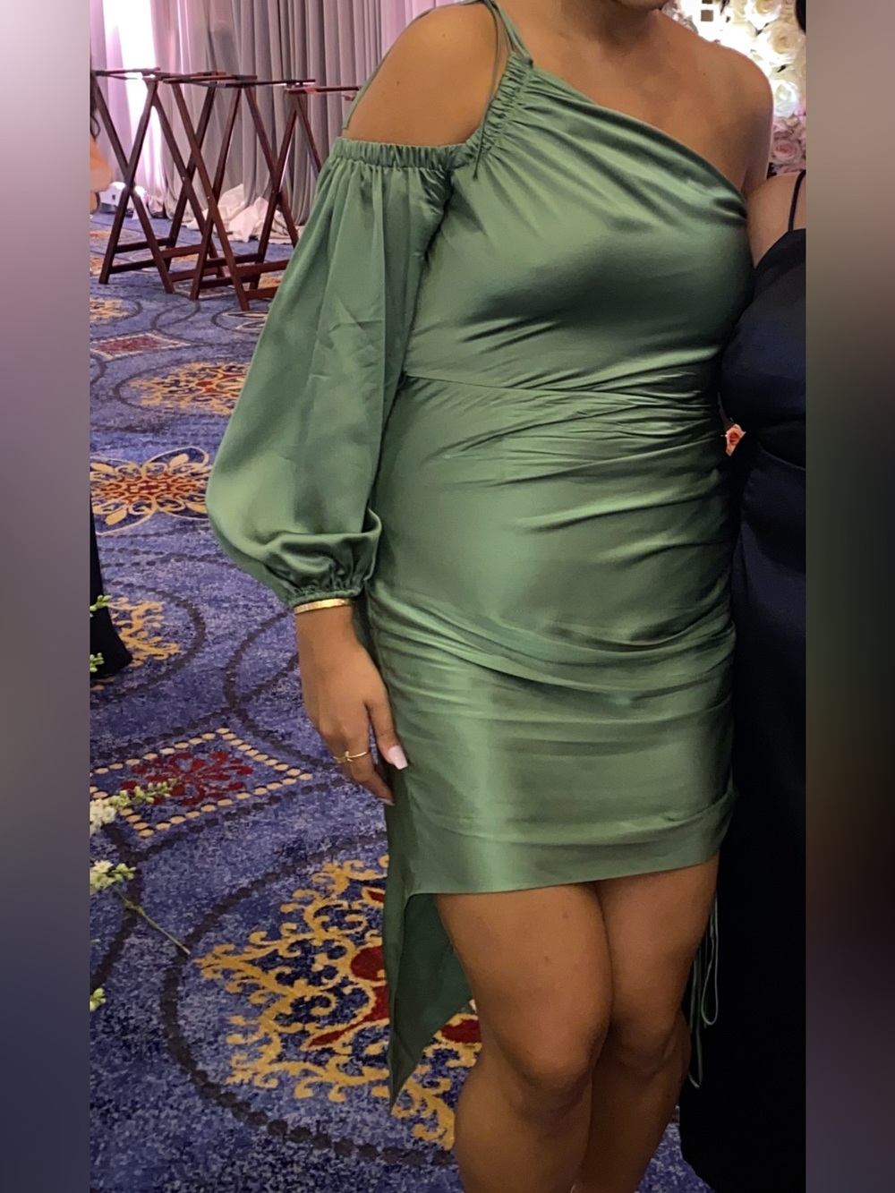 Cinq a sept Satin Asymmetrical One-Shoulder Dress in Sage Green
